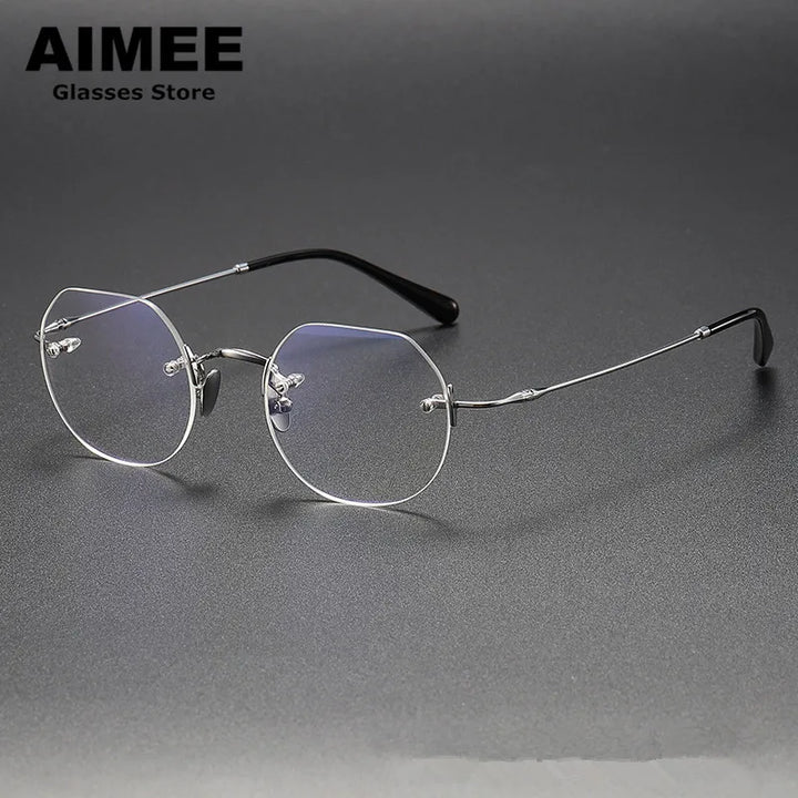 Aimee Unisex Rimless Flat Top Round Titanium Eyeglasses 26008 Rimless Aimee Silver  