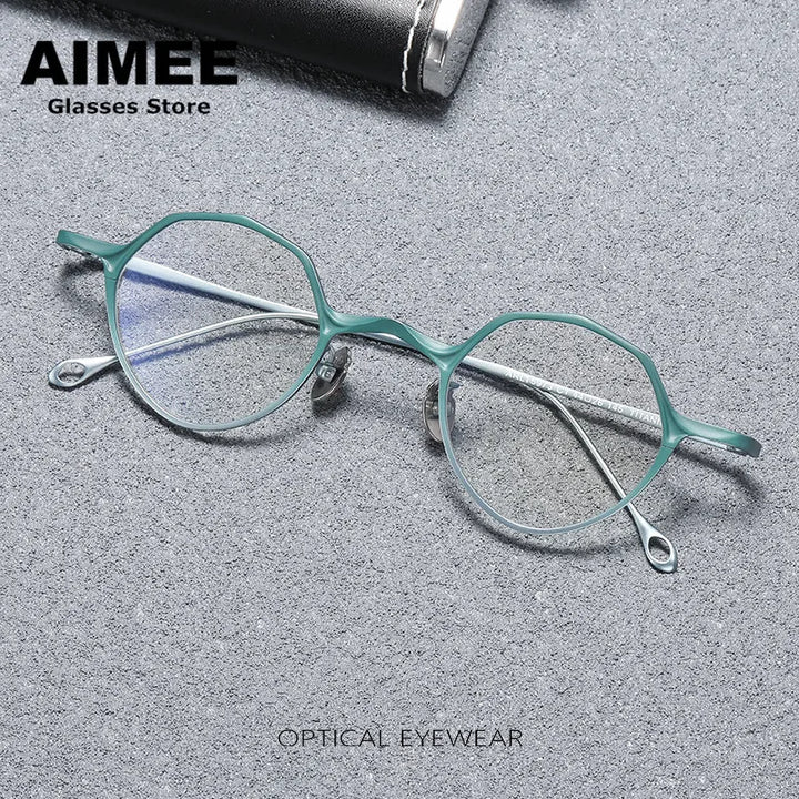 Aimee Unisex Full Rim Polygon Round Titanium Eyeglasses 5973 Full Rim Aimee Green-Silver  