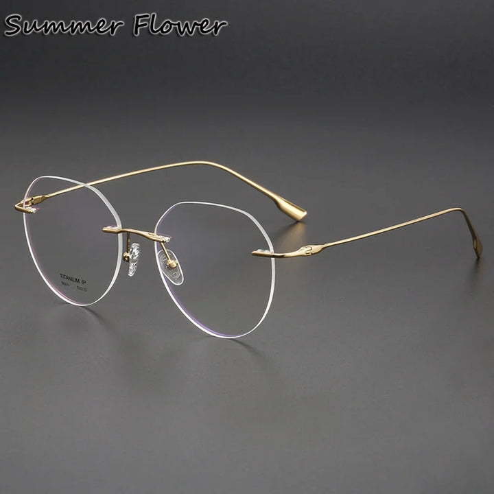 Summer Flower Women's Rimless Flat Top Round Titanium Eyeglasses 96611 Rimless Summer Flower Gold