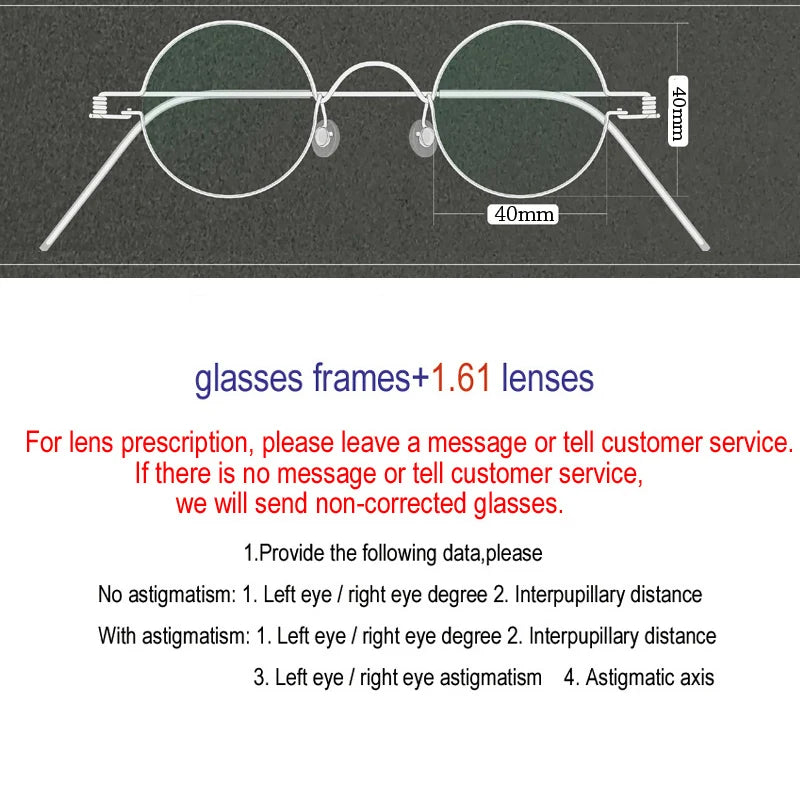 Yujo Unisex Full Rim Round Screwless Stainless Steel Eyeglasses 15032 Full Rim Yujo diameter40mm CHINA