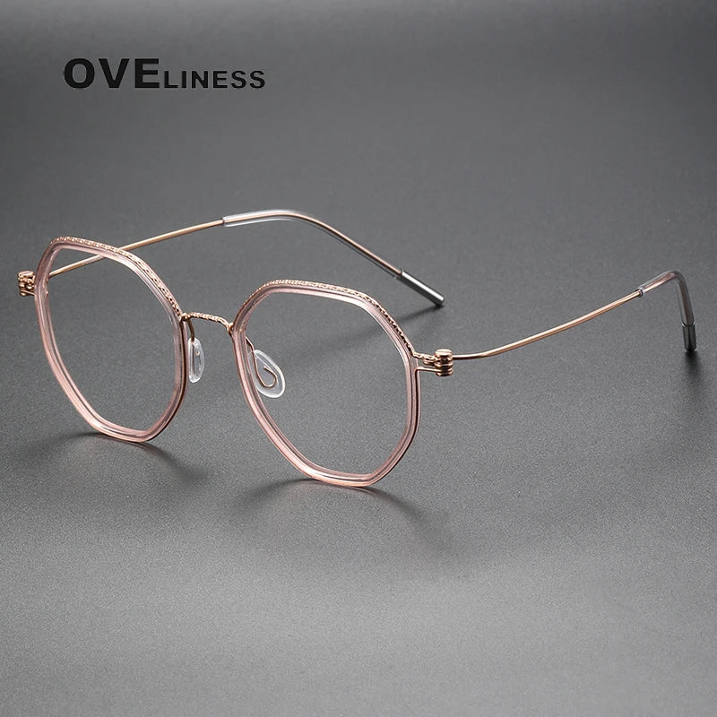 Oveliness Unisex Full Rim Flat Top Round Acetate Titanium Eyeglasses 80889 Full Rim Oveliness pink rose gold  