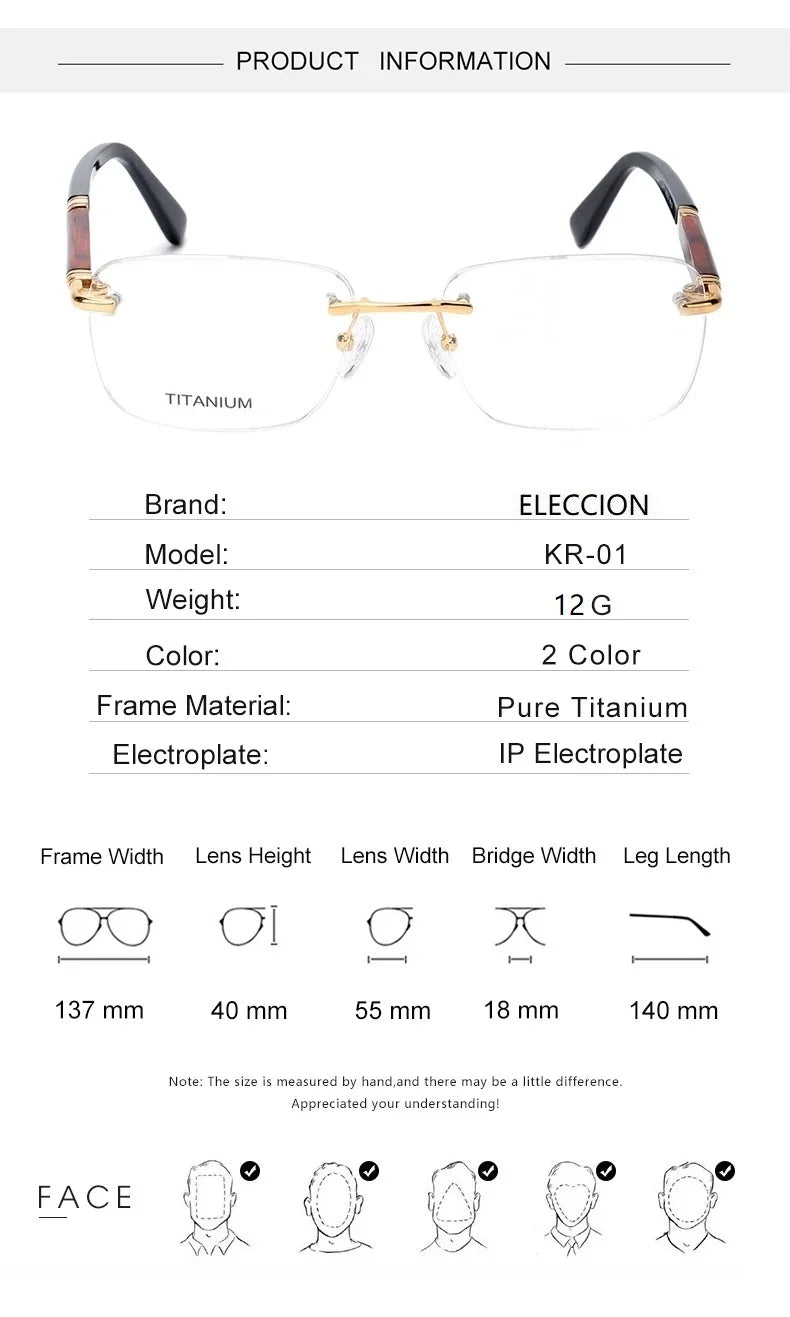 Eleccion Unisex Rimless Square Titanium Rosewood Eyeglasses 11801 Rimless Eleccion