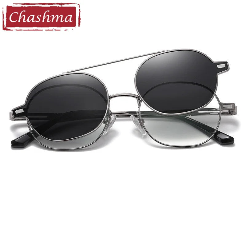 Chashma Ottica Unisex Full Rim Oval Alloy Eyeglasses Clip On Polarized Sunglasses 8802 With Clip Ons Chashma Ottica Gray-Gray  