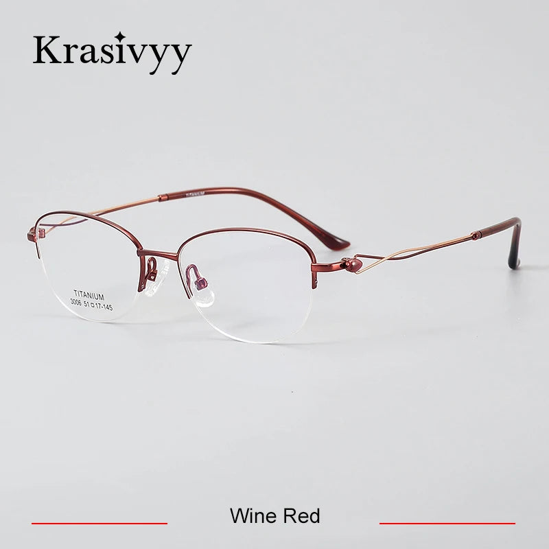 Krasivyy Women's Semi Rim Oval Round Titanium Eyeglasses 443006 Semi Rim Krasivyy Wine Red  