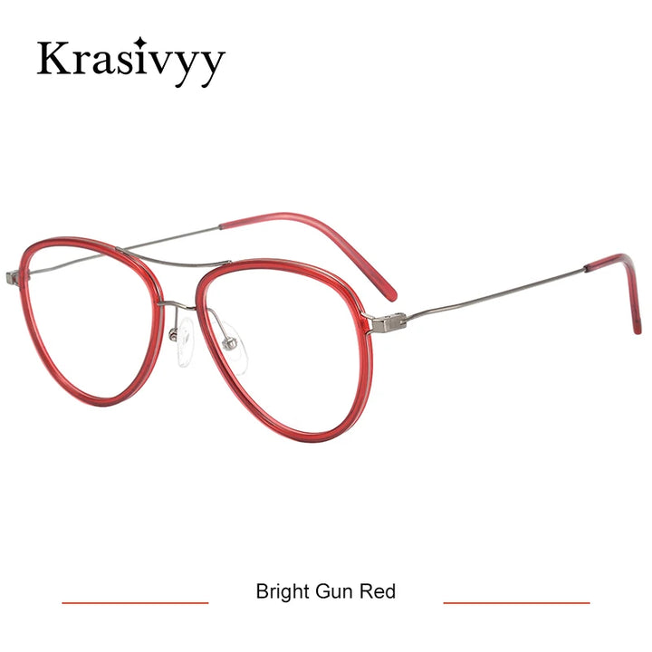 Krasivyy Women's Full Rim Oval Double Bridge Titanium Eyeglasses 41603 Full Rim Krasivyy Bright Gun Red CN 