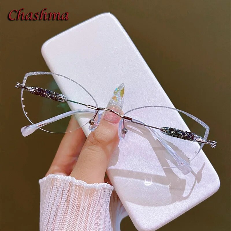 Chashma Ochki Women's Rimless Cat Eye Titanium Glitter Edge Eyeglasses H1 Rimless Chashma Ochki   