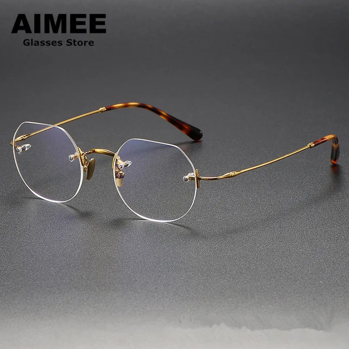 Aimee Unisex Rimless Flat Top Round Titanium Eyeglasses 26008 Rimless Aimee Golden  