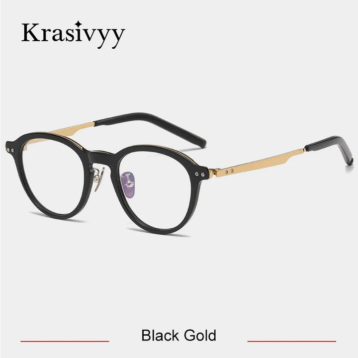 Krasivyy Unisex Full Rim Round Acetate Titanium Eyeglasses 942113 Full Rim Krasivyy Black Gold