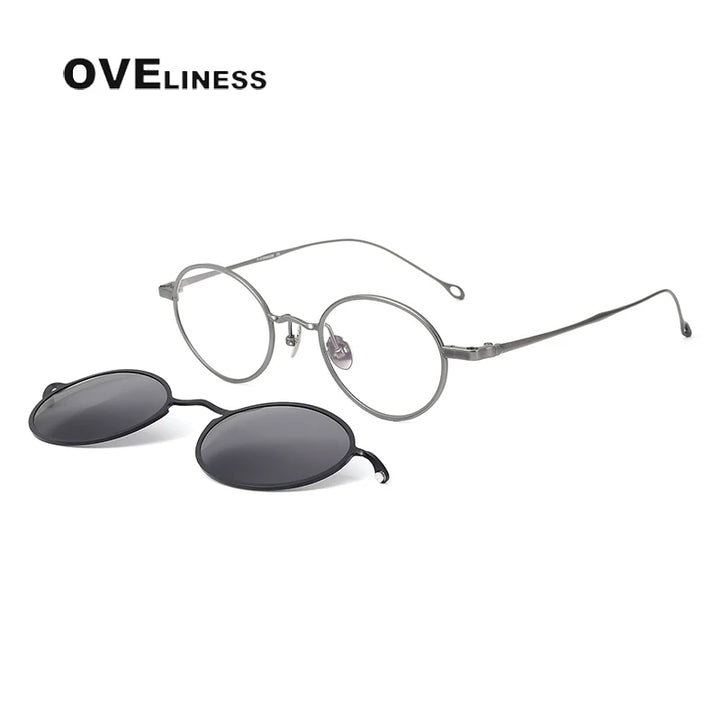 Oveliness Unisex Full Rim Oval Titanium Eyeglasses Clip On Sunglasses 42610 With Clip Ons Oveliness gun black grey