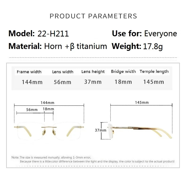 Bobbie Unisex Rimless Square Titanium Horn Temple Eyeglasses 26211