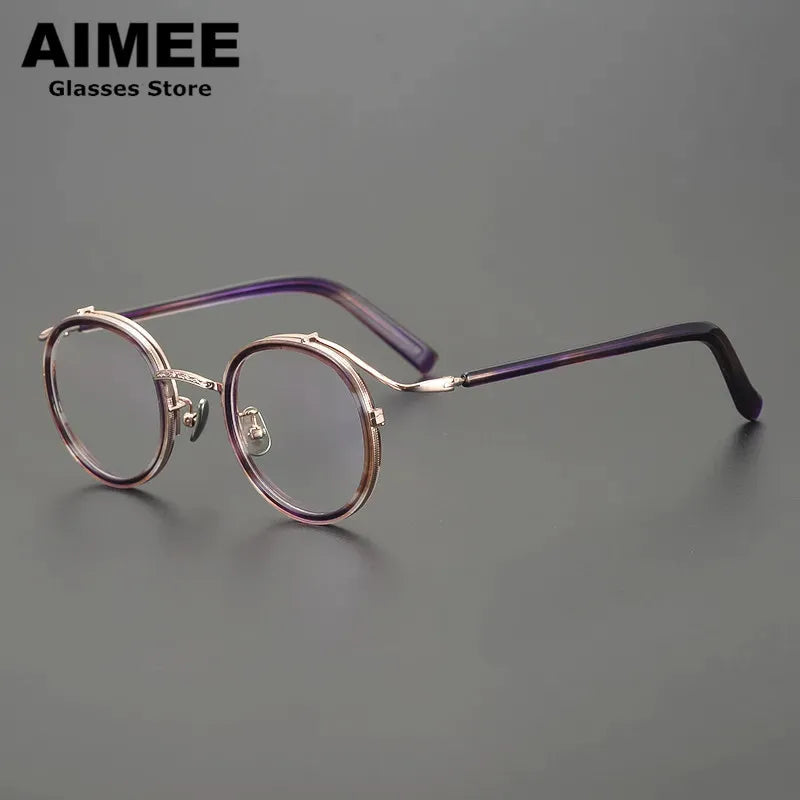 Aimee Men's Full Rim Round Square Titanium Acetate Eyeglasses 12203 Full Rim Aimee Purple-Golden  