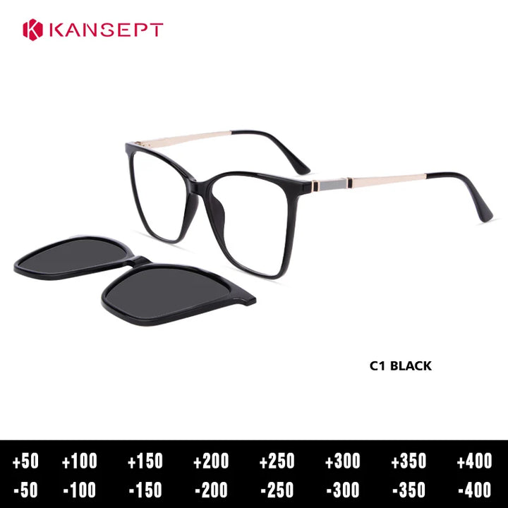 Kansept Women's Full Rim Square Tr 90 Alloy Reading Glasses Clip On Sunglasses 513002