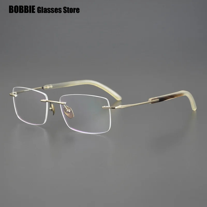 Bobbie Unisex Rimless Square Titanium Horn Temple Eyeglasses 26211