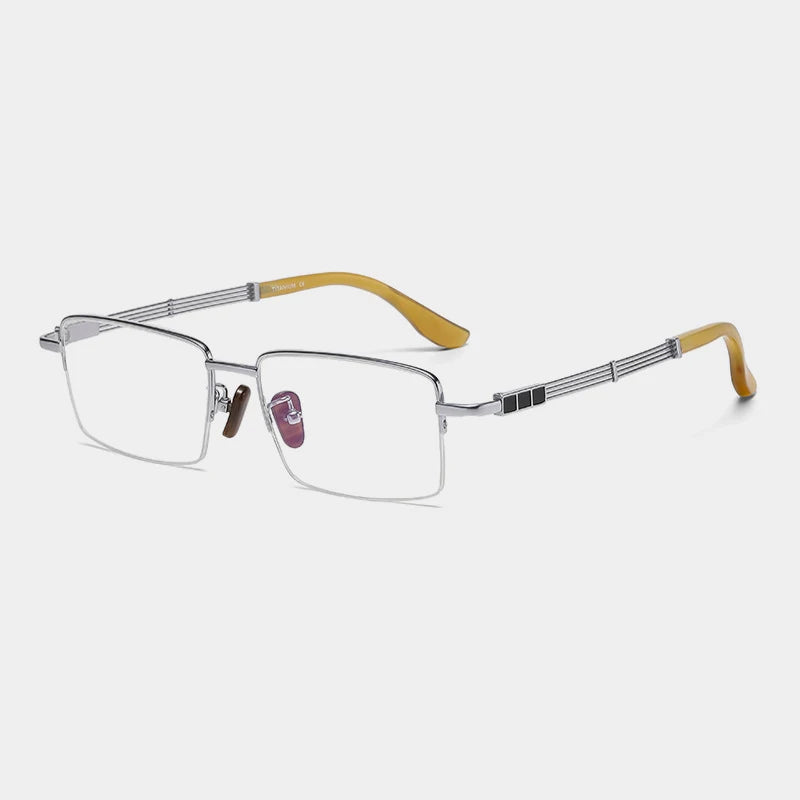 Gatenac Men's Semi Rim Square Titanium Horn Temple Eyeglasses Gxyj1498 Semi Rim Gatenac Silver  