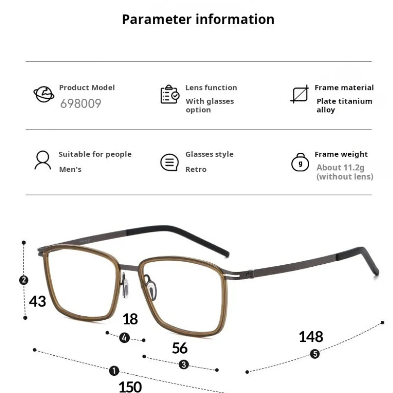 Momoja Men's Full Rim Big Square Titanium Acetate Eyeglasses 698009