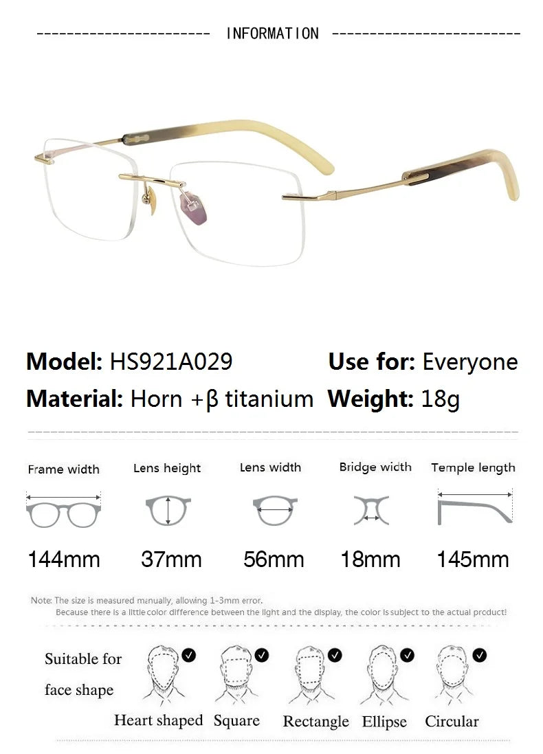 Bobbie Unisex Rimless Square Titanium Horn Temple Eyeglasses 921029