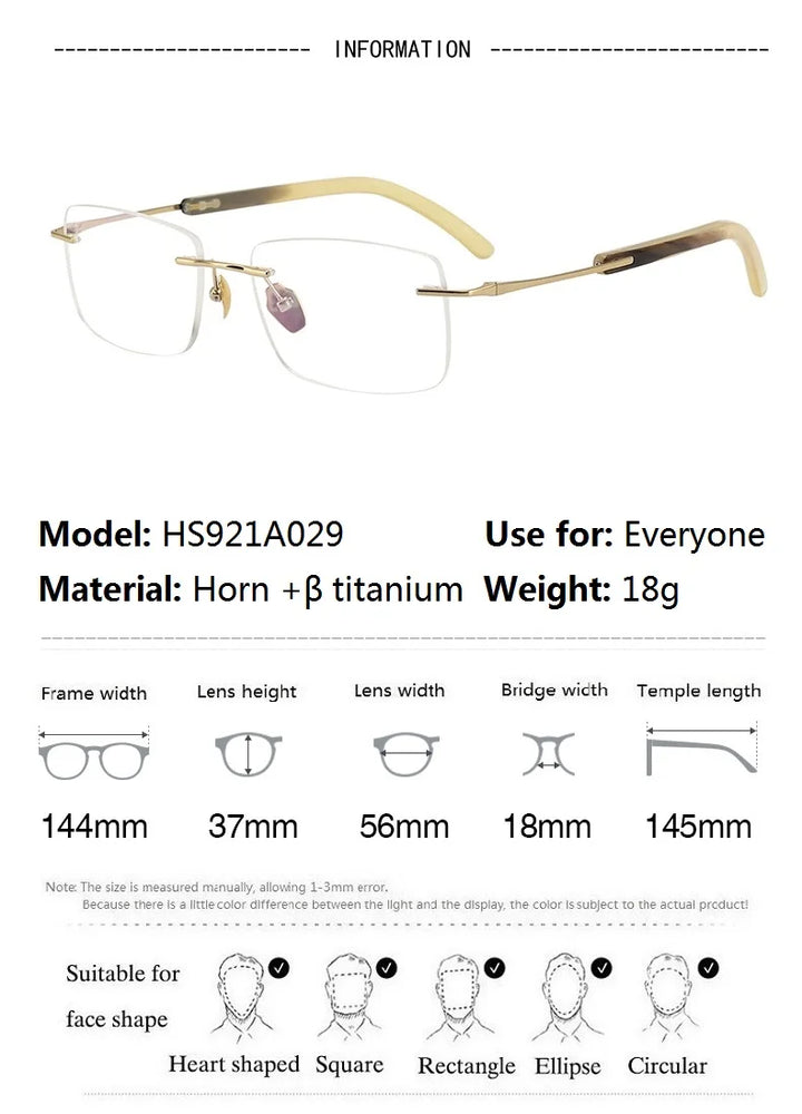 Bobbie Unisex Rimless Square Titanium Horn Temple Eyeglasses 921029