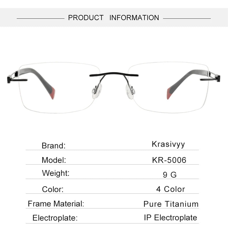 Krasivyy Unisex Rimless Square Screwless Titanium Eyeglasses 5006 Rimless Krasivyy   