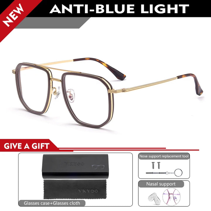 Vicky Men's Full Rim Big Square Double Bridge Titanium Reading Glasses 2216 Reading Glasses Vicky 0 2216YJ-brown gold 