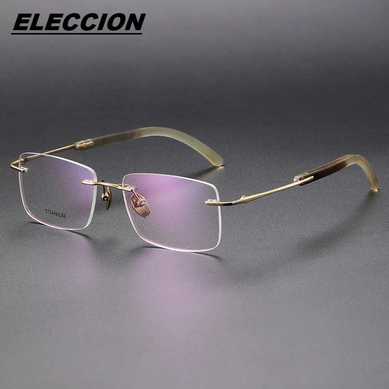 Eleccion Men's Rimless Square Titanium Ox Horn Temple Eyeglasses 92129