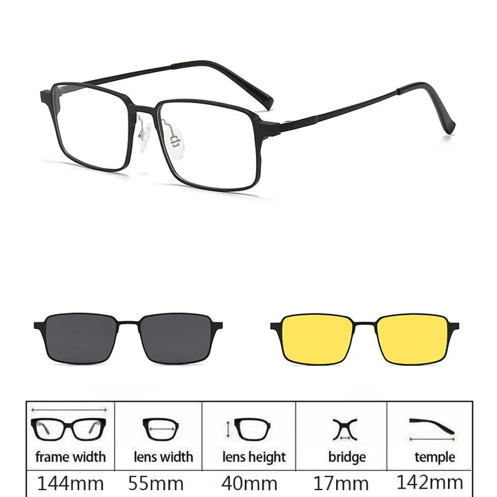 Hdcrafter Men's Full Rim Square Double Bridge Titanium Eyeglasses Clip On Sunglasses 275009