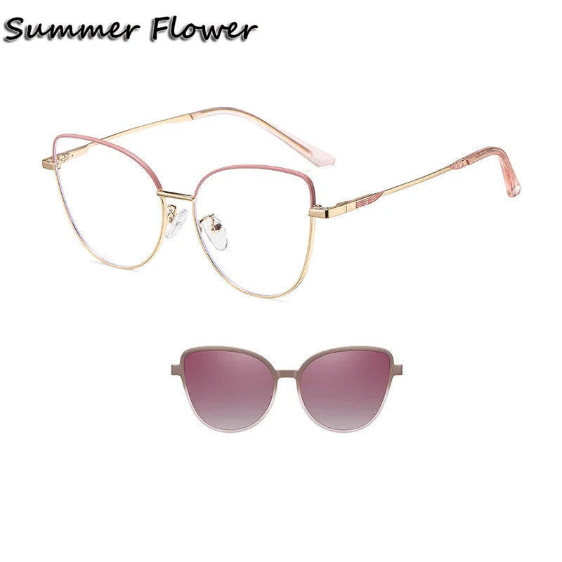 Summer Flower Women's Full Rim Cat Eye Titanium Eyeglasses Clip On Sunglasses 710244