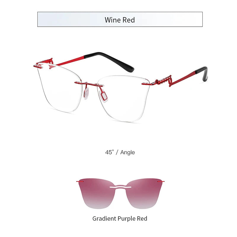 KatKani Unisex Rimless Cat Eye Alloy Eyeglasses Clip On Polarized Sunglasses 7203 Rimless KatKani Eyeglasses Wine Red  