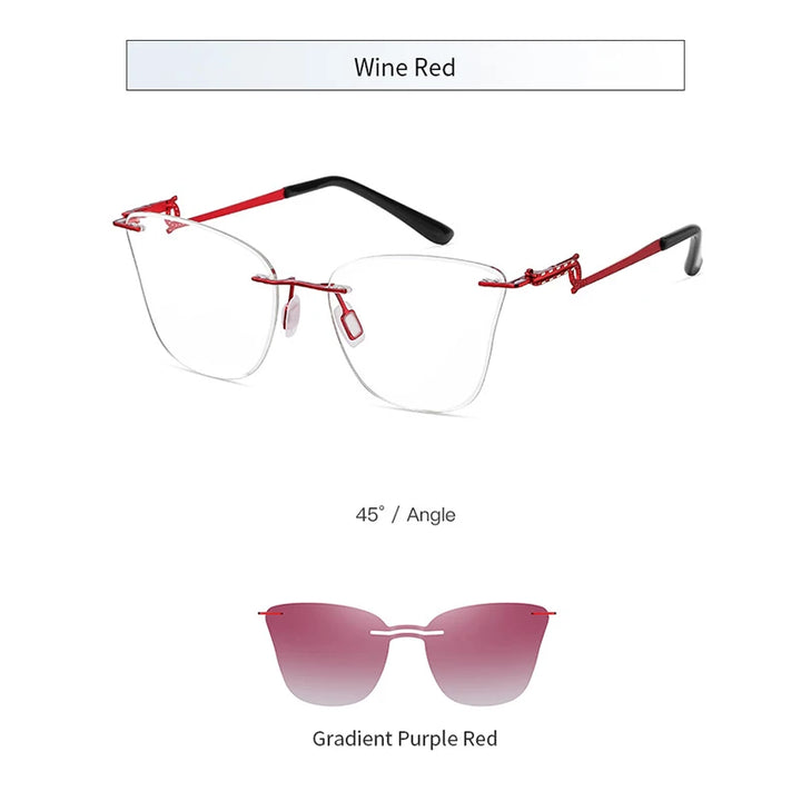 KatKani Unisex Rimless Cat Eye Alloy Eyeglasses Clip On Polarized Sunglasses 7203 Rimless KatKani Eyeglasses Wine Red  