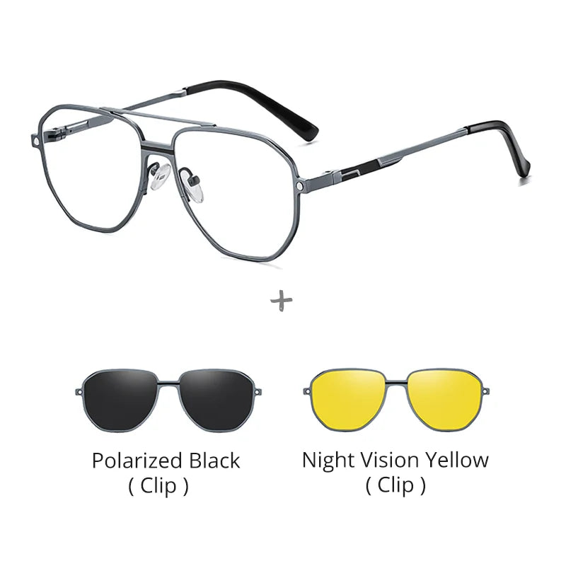 Ralferty Unisex Full Rim Square Double Bridge Al Mg Eyeglasses Clip On Sunglasses 397037