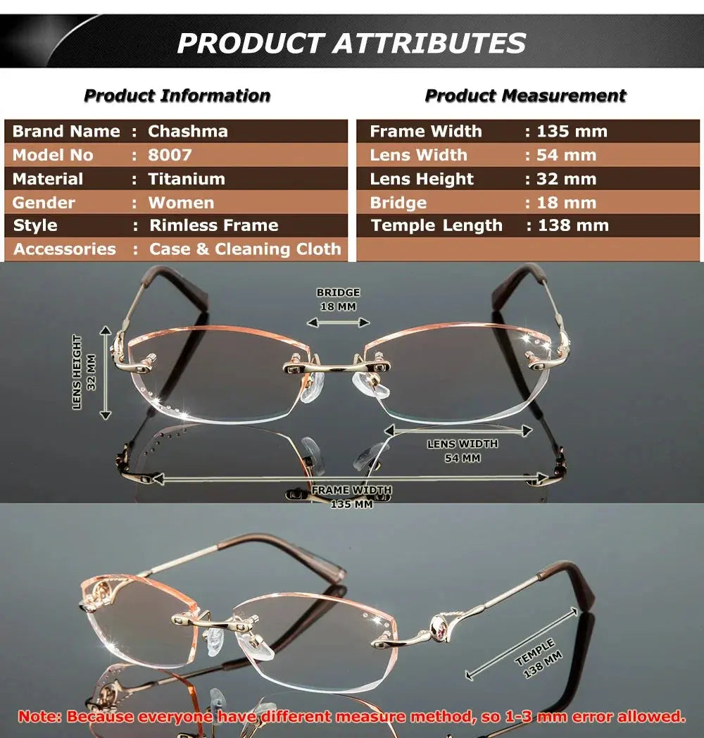 Chashma Ottica Women's Rimless Oval Square Titanium Eyeglasses 778007 FuzWeb