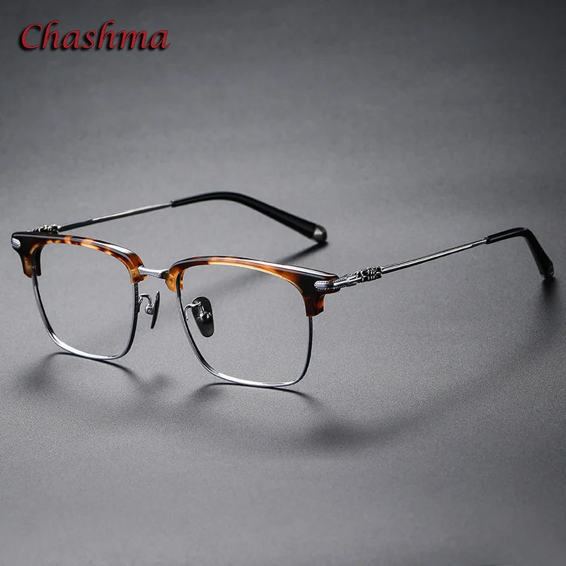 Chashma Ochki Unisex Full Rim Square Acetate Titanium Eyeglasses 19339 Full Rim Chashma Ochki Leopard Silver  