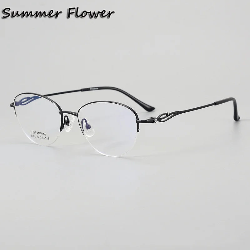 Summer Flower Unisex Semi Rim Oval Titanium Eyeglasses 83001 Semi Rim Summer Flower Black