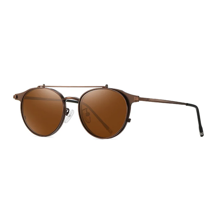 Ralferty Men's Full Rim Round Alloy Eyeglasses Flip Up Sunglasses R702 With Clip Ons Ralferty C5 Brown - Brown CHINA 