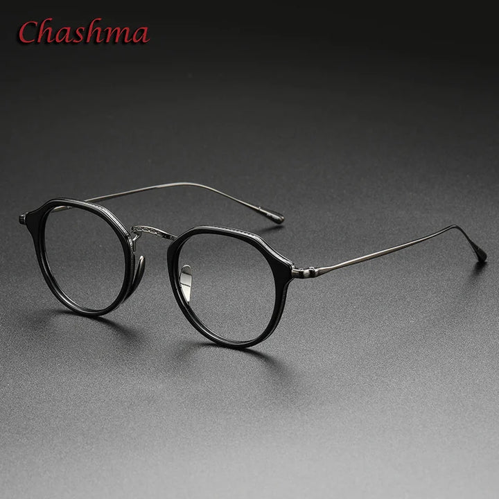 Chashma Ochki Unisex Full Rim Flat Top Round Acetate Titanium Eyeglasses 0113 Full Rim Chashma Ochki Black  