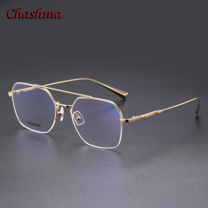 Chashma Ochki Unisex Semi Rim Square Double Bridge Titanium Eyeglasses 5008 Semi Rim Chashma Ochki Gold  