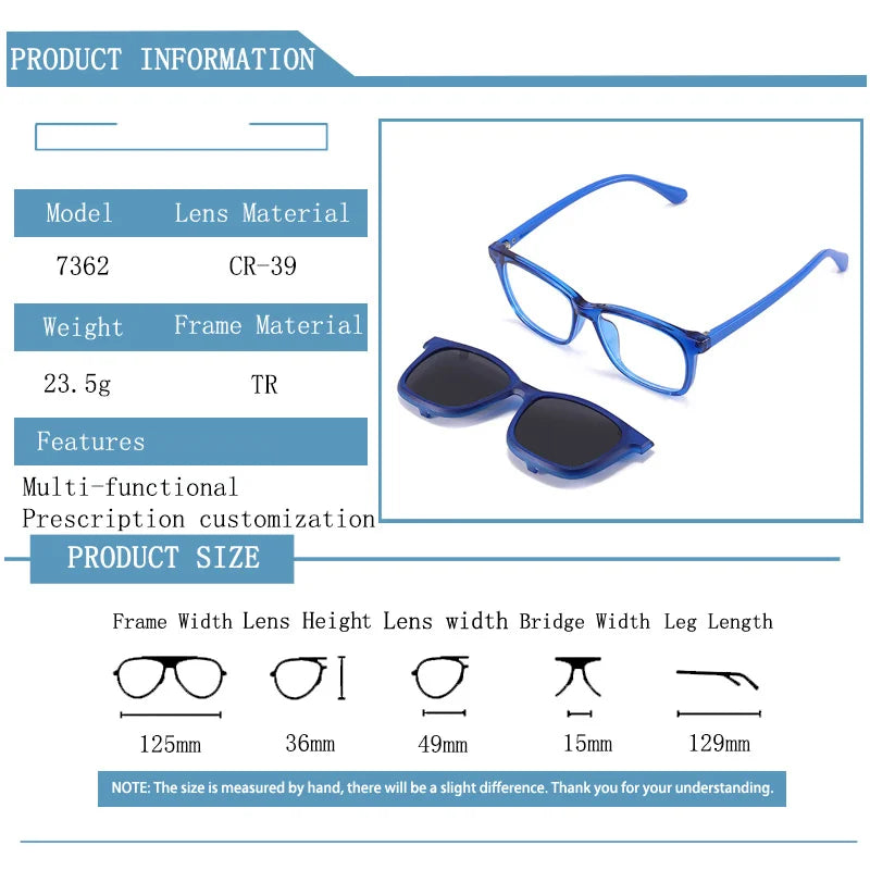 Kocolior Unisex Youth's Full Rim Square Tr 90 Eyeglasses Clip On Sunglasses 517362