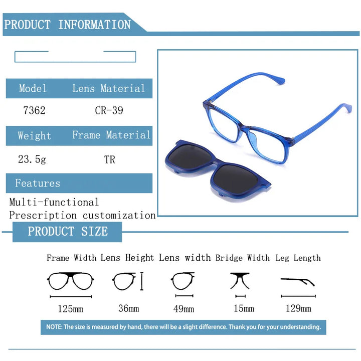 Kocolior Unisex Youth's Full Rim Square Tr 90 Eyeglasses Clip On Sunglasses 517362