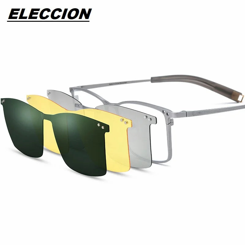 Eleccion Unisex Full Rim Square Titanium Eyeglasses Clip On Sunglasses 5760 With Clip Ons Eleccion Silver CHINA