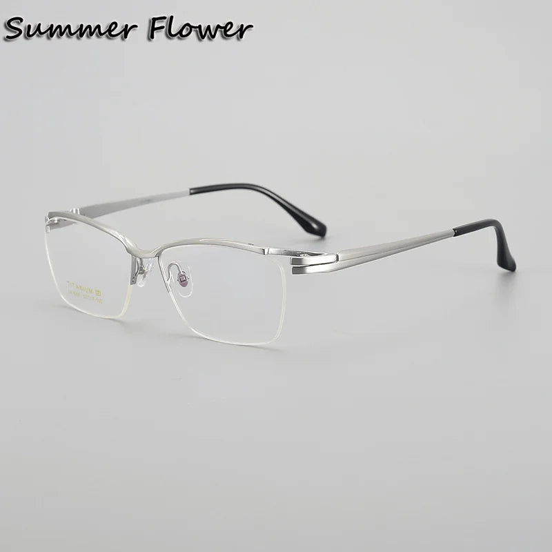 Summer Flower Unisex Semi Rim Square Titanium Brow Line Eyeglasses 86205 Semi Rim Summer Flower Silver