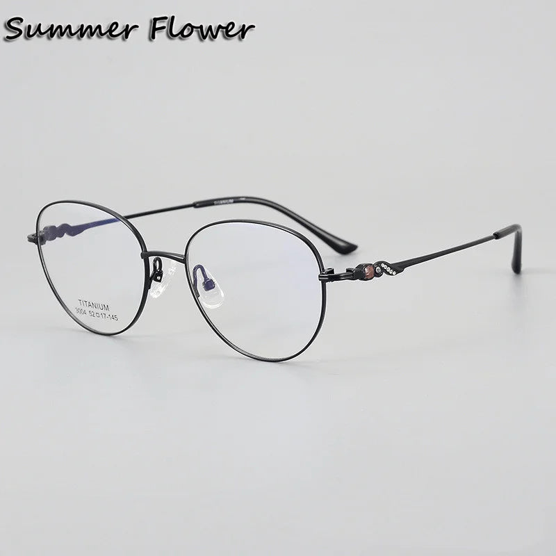 Summer Flower Women's Full Rim Oval Round Titanium Eyeglasses 83004 Full Rim Summer Flower Black