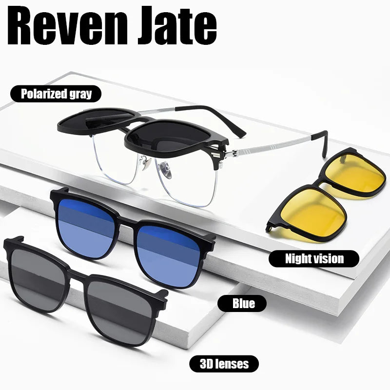Reven Jate Unisex Full Rim Square Titanium Tr 90 Eyeglasses Clip On Sunglasses 96889