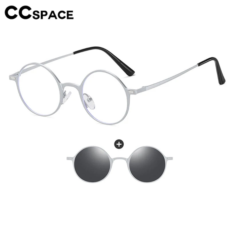 CCspace Women's Full Rim Round Alloy Eyeglasses Clip On Sunglasses 302147 With Clip Ons CCspace   