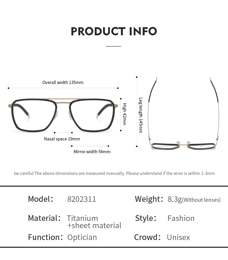 Aimee Unisex Full Rim Square Double Bridge Titanium Acetate Eyeglasses 8202 Full Rim Aimee   