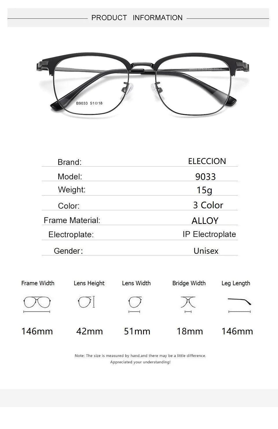 Eleccion Unisex Full Rim Square Tr 90 Alloy Eyeglasses 9033 Full Rim Eleccion