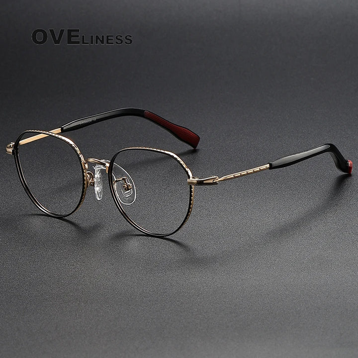 Oveliness Unisex Full Rim Flat Top Round Titanium Eyeglasses 80935 Full Rim Oveliness black gold  