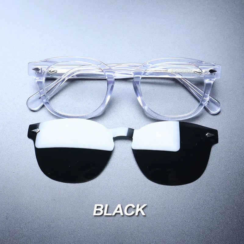 Gatenac Unisex Full Rim Round Acetate Optional Clip On Sunglasses 1237 Clip On Sunglasses Gatenac Transparent Black  