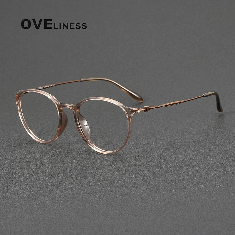 Oveliness Unisex Full Rim Oval Round Acetate Titanium Eyeglasses 8664 Full Rim Oveliness tea coffee  