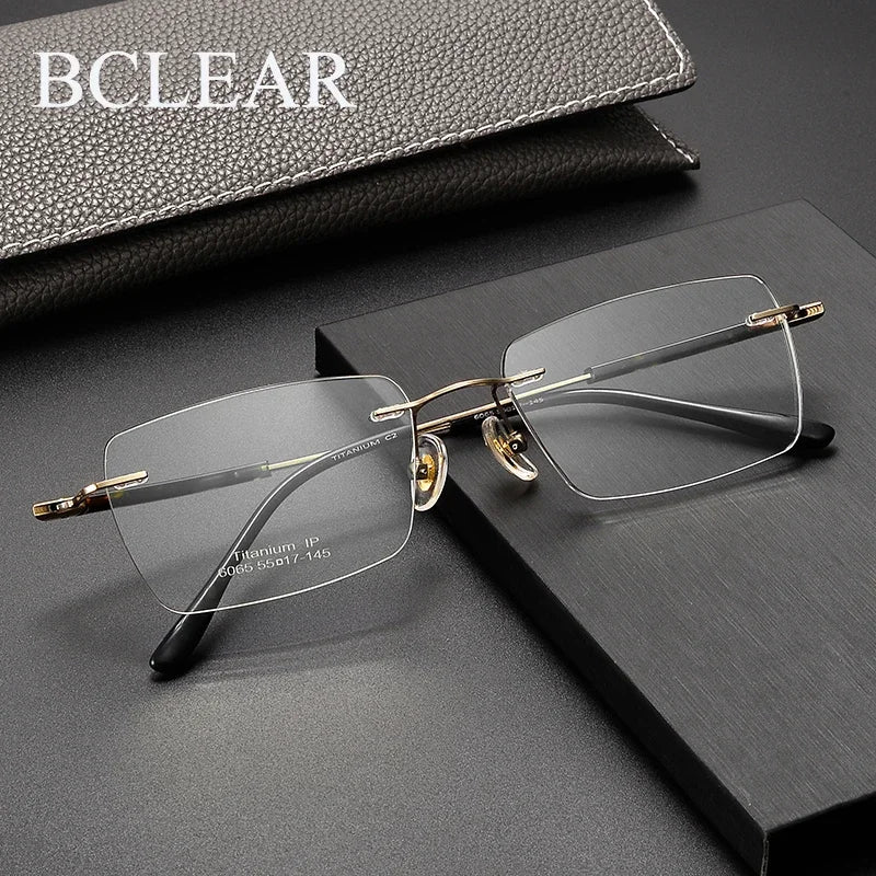 Bclear Unisex Rimless Square Titanium Eyeglasses 46065 Rimless Bclear