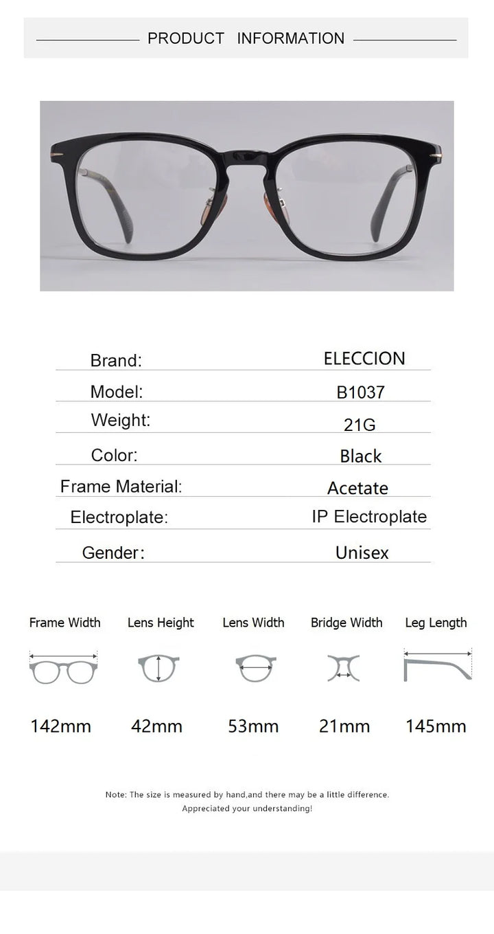 Eleccion Unisex Full Rim Square Acetate Titanium Eyeglasses Clip On Sunglasses 41037