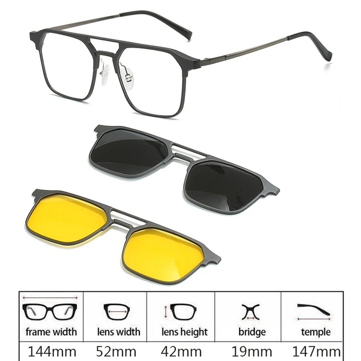 Hdcrafter Men's Full Rim Square Double Bridge Titanium Eyeglasses Clip On Sunglasses 275009